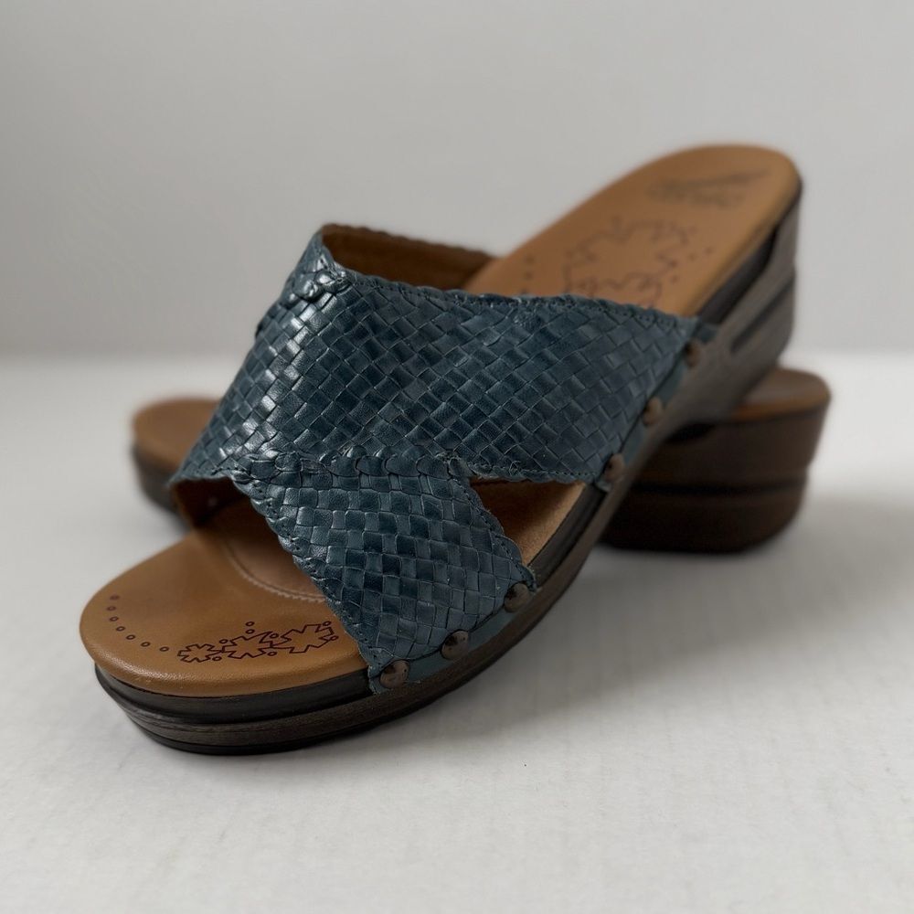 Dansko Teal Woven Leather Slide Sandals NWOB
